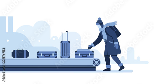 Cold Journey: Person with Luggage on Winter Travel Baggage Claim