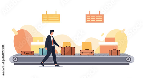 Businessman walking by baggage carousel at airport with luggage, travel concept