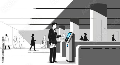 Business traveler using self-service kiosk at airport terminal