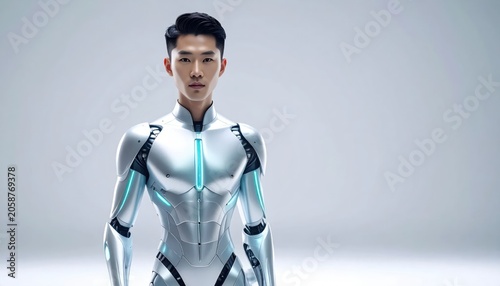 Futuristic Man Wearing Silver Exosuit Standing.