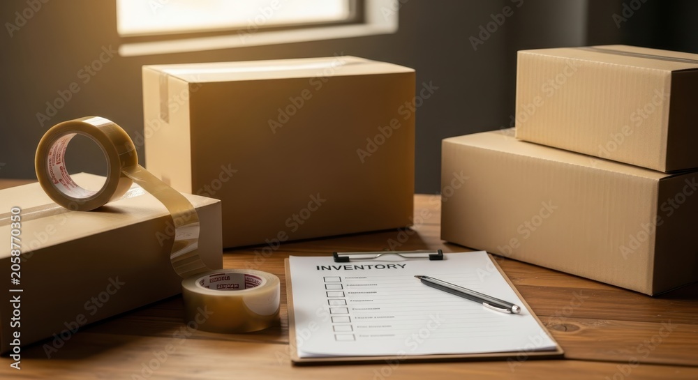 Fototapeta premium Cardboard shipping boxes, packing tape, and inventory list with pen on a wooden surface, ready for shipment
