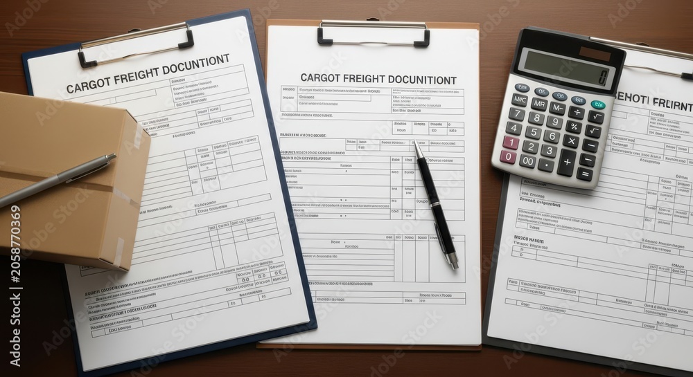Fototapeta premium Cargo Freight Documentation Forms on Clipboards with Pen and Calculator for Logistics and Business Operations
