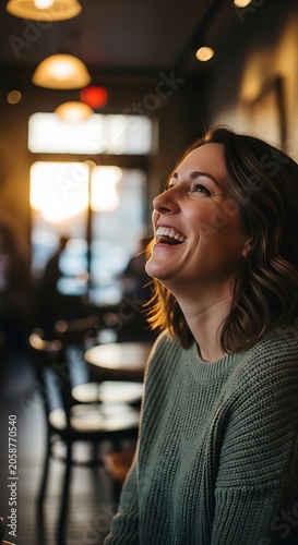Happy woman laughing in a warm cozy cafe setting.