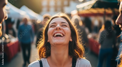 Happy woman laughing joyfully at an outdoor street market.