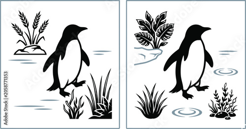 Photos Penguin and Seaweed Plants Flat Vector Illustration with Copy Space for Clean Ec