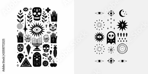Foto Occult Symbols And Mystical Elements Black Vector Illustration On White Backgrou