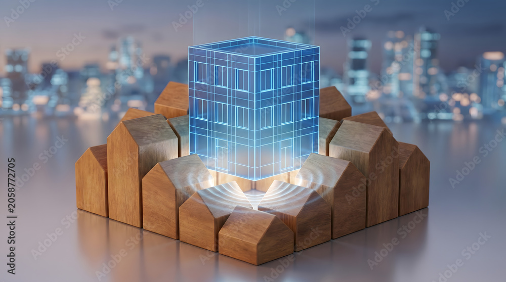 © 병권 임 - Urban redevelopment and real estate project concept with 3D illustration of a glowing blue wireframe building hologram rising from miniature wooden houses