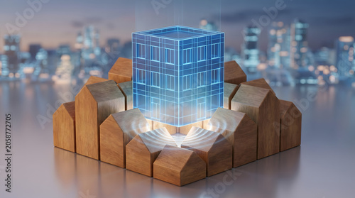 Urban redevelopment and real estate project concept with 3D illustration of a glowing blue wireframe building hologram rising from miniature wooden houses