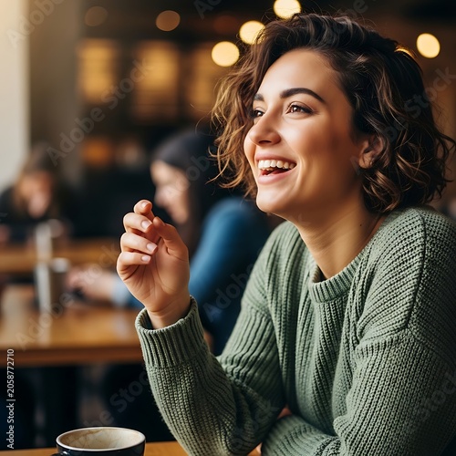 Happy woman laughing while sitting in a cafe.