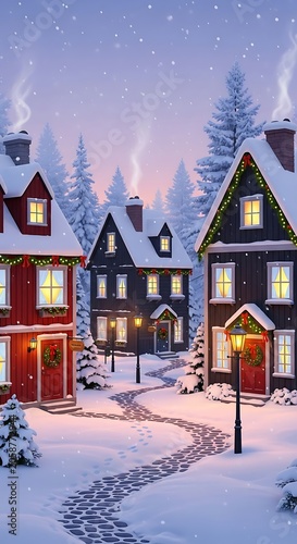 Winter Village Scene - Snow-Covered Houses and Festive Lights.