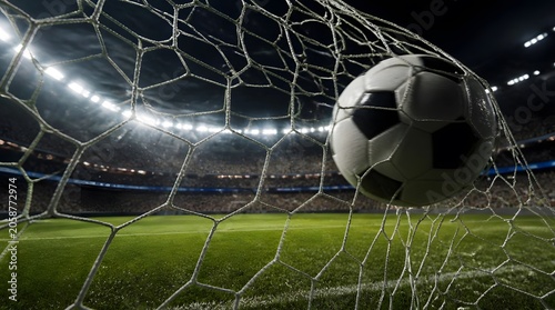 Soccer Ball Scores Goal Swishing Through Net at a Stadium with Spotlights
