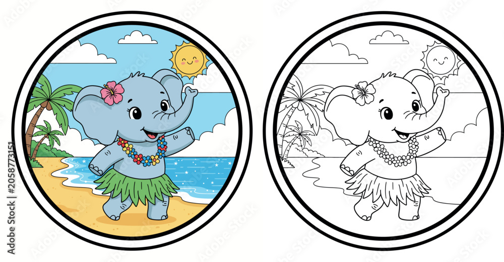 Obraz premium Cute Hula Elephant Dancing on a Tropical Beach – Adorable Round Vector Illustration for Kids Coloring Book