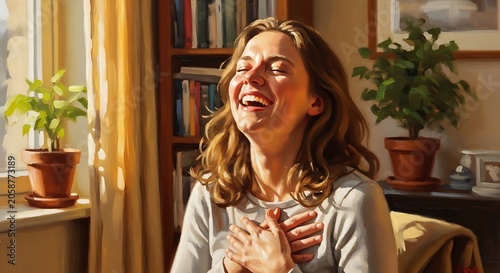 Happy woman laughing with hands on chest in sunlit home.