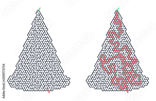 Maze shaped like a Christmas tree in black and white outline  