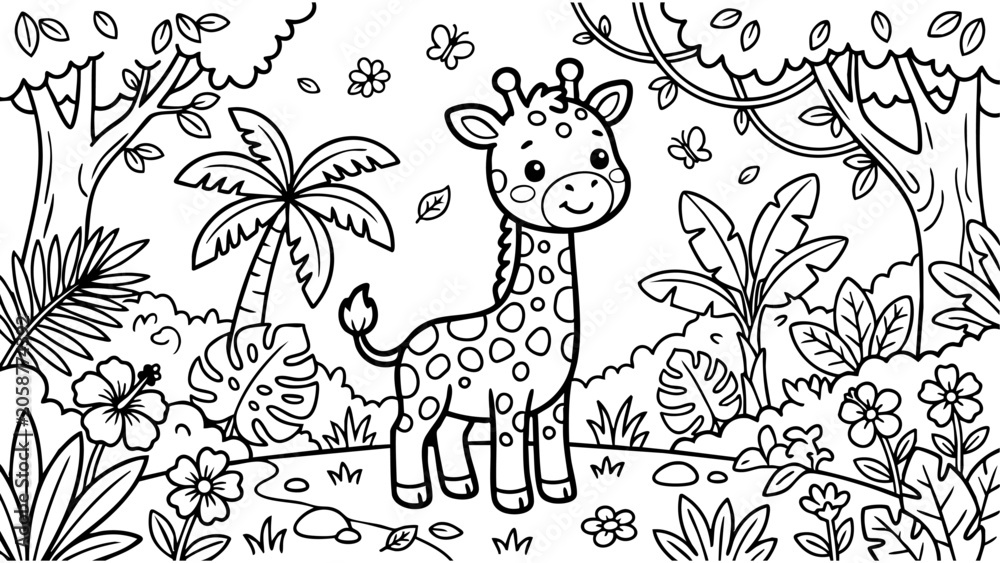 Fototapeta premium Cute baby giraffe standing near jungle trees and flowers, professional kids coloring page design, clean bold outlines, simple black and white vector illustration, printable coloring book page, minimal