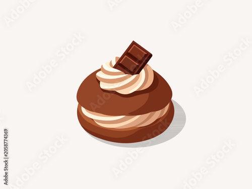 Foto Chocolate cream puff choux pastry topped with whipped cream swirl and chocolate