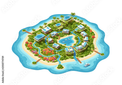 Aerial view of a luxurious tropical island resort with modern villas, swimming pools, and lush greenery.