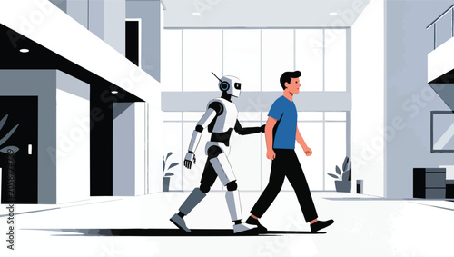 Robot walking alongside a man in a modern building interior.