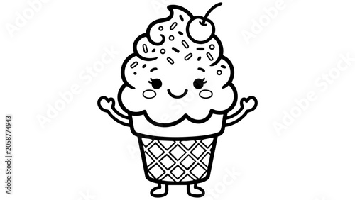 Fotografie Ice cream character with smiling face and sprinkles, simple kawaii coloring page