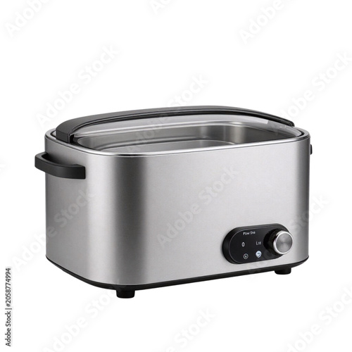 Modern silver slow cooker with transparent lid and adjustable dial  