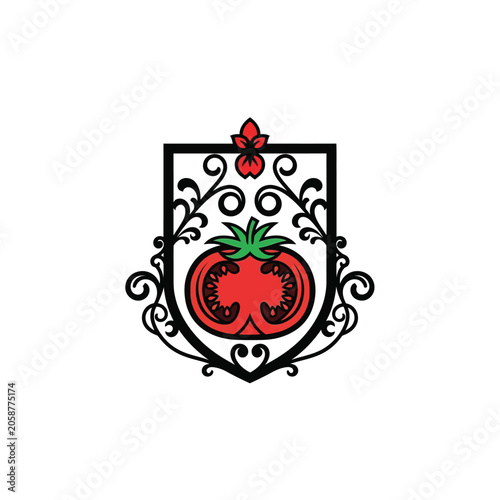 Tomato Heraldic Emblem with Ornate Filigree Border