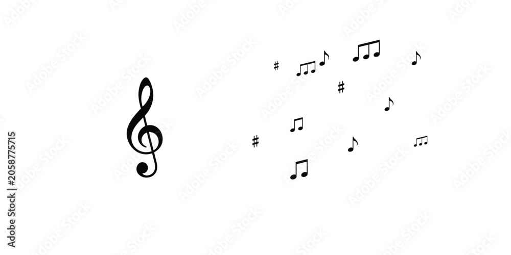 Fototapeta premium Black musical notes and symbols with a treble clef on a white background.