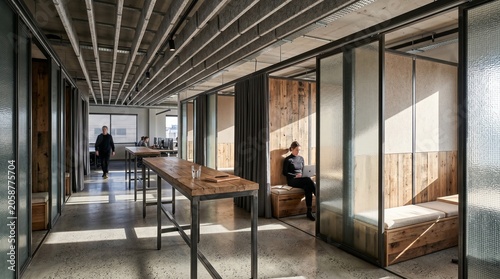 Flexible office transition zone with recycled partitions and daylight rhythm