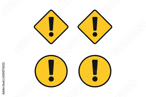 Set of four yellow attention warning signs with black exclamation mark inside flat icons.