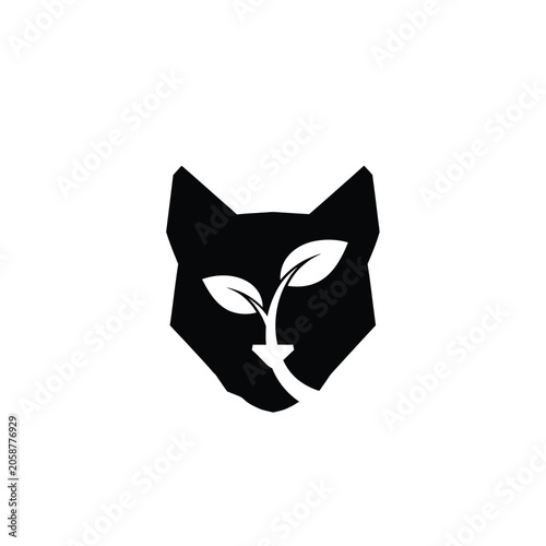 Minimalist Cat Head Silhouette with Sprouting Leaf Logo