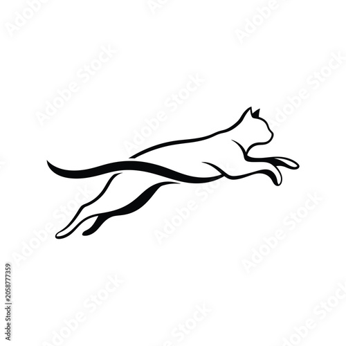 Minimalist Leaping Cat Line Art Logo. Stylized black feline silhouette jumping in motion on white background.