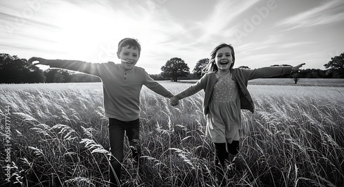 Happy young children holding hands running through a field in black and white.