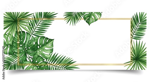 Golden Frame, Lush Tropical Leaves: Watercolor Botanical Art