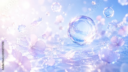 水面に浮かぶガラスの紫陽花とシャボン玉