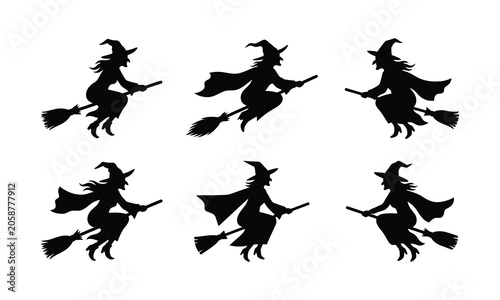 Tableau sur toile Set of black witch flying on broomstick silhouettes for halloween design elements