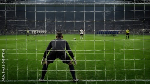 Soccer Goalkeeper Awaits Penalty Kick Shot from Player in Stadium at Night