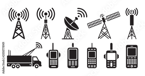 Bild auf Leinwand Technical telecommunication equipment icons including cell towers satellite dishes and vintage mobile phones