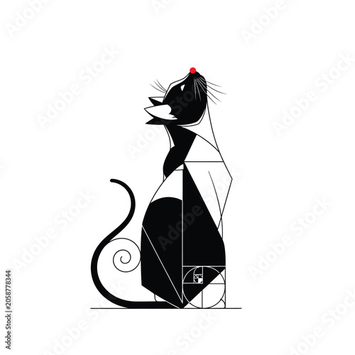 Minimalist Geometric Cat Illustration with Golden Ratio Spiral and Abstract Feline Design