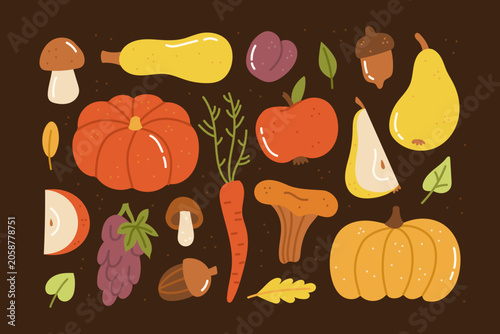 Set of hand-drawn autumn vector fruits and vegetables