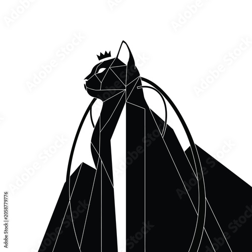 Abstract Geometric Cat King with Crown, Minimalist Black and White Royal Feline Illustration