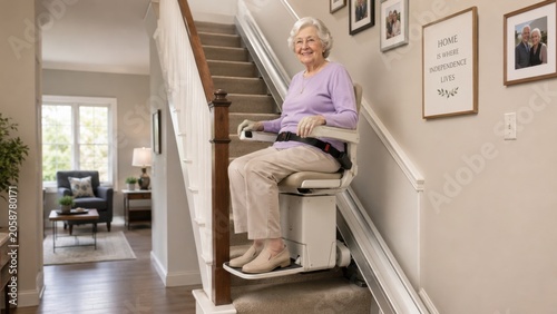 Elderly woman seated on stairlift inside residential home