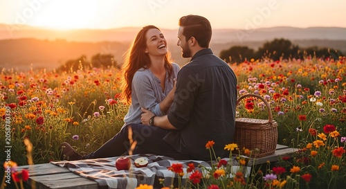 Happy young couple enjoying a romantic picnic in a beautiful wildflower meadow at sunset.