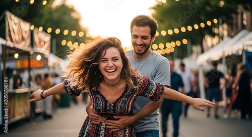 Happy young couple enjoying a romantic date at a summer street festival.