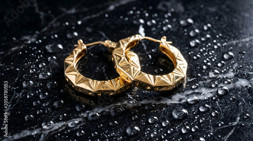 Golden earrings rest on a wet black marble surface with water droplets