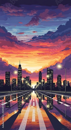 Cityscape at Sunset - A Vibrant Reflection on Wet Pavement.