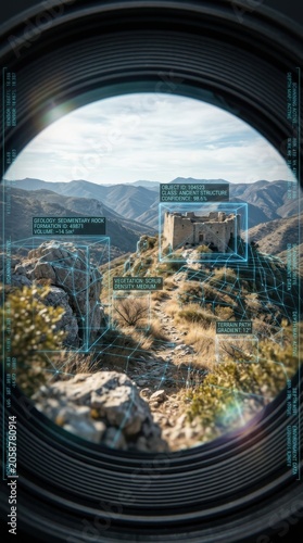 Aerial surveillance camera tracking ancient castle ruins in landscape. Digital analysis interface with wireframe overlays. Future monitoring technology for terrain scanning and exploration.