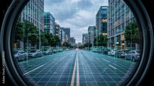 Futuristic city surveillance view through a lens with digital tracking grids. AI technology monitoring traffic and buildings in urban environment. Smart city concept for security management.