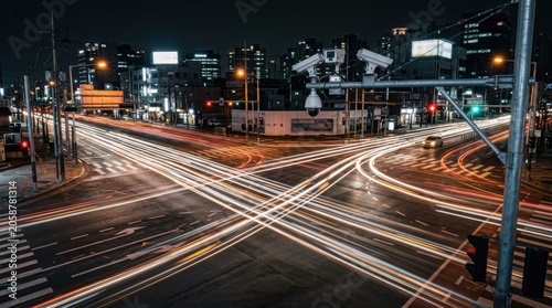 Surveillance camera monitoring busy city street intersection at night. Traffic light trails and moving car headlights on urban road. Concept of public safety, security and city control.
