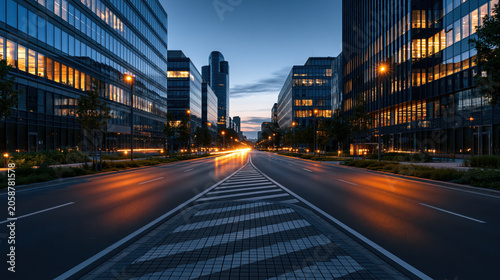 Street view of buildings and traffic lights at dusk with street lights