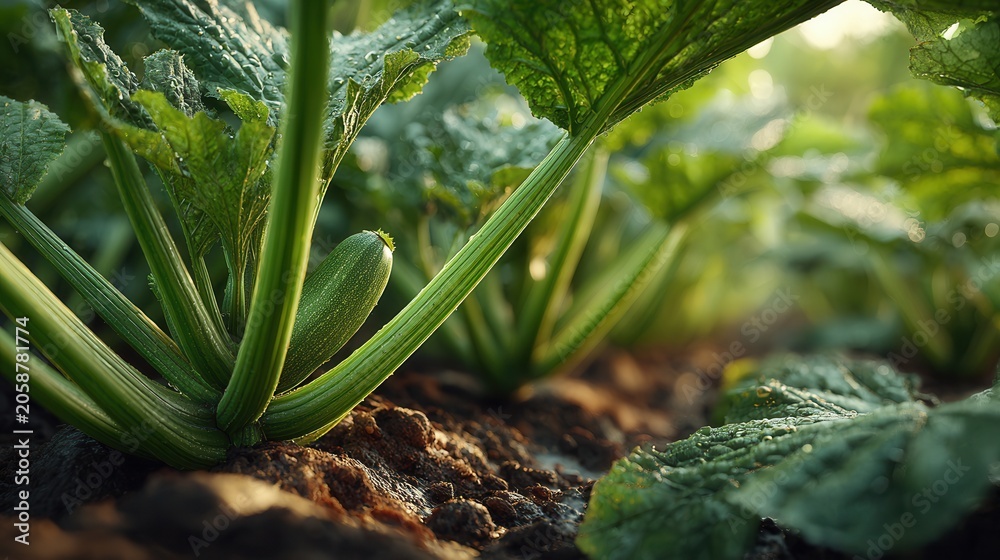 Obraz premium Young zucchini plant growing in garden soil with fresh leaves and small fruits.
