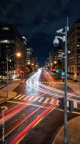 Surveillance camera on city street at night. Security monitoring of busy urban intersection with light trails from moving traffic. Public safety, crime prevention and control system.